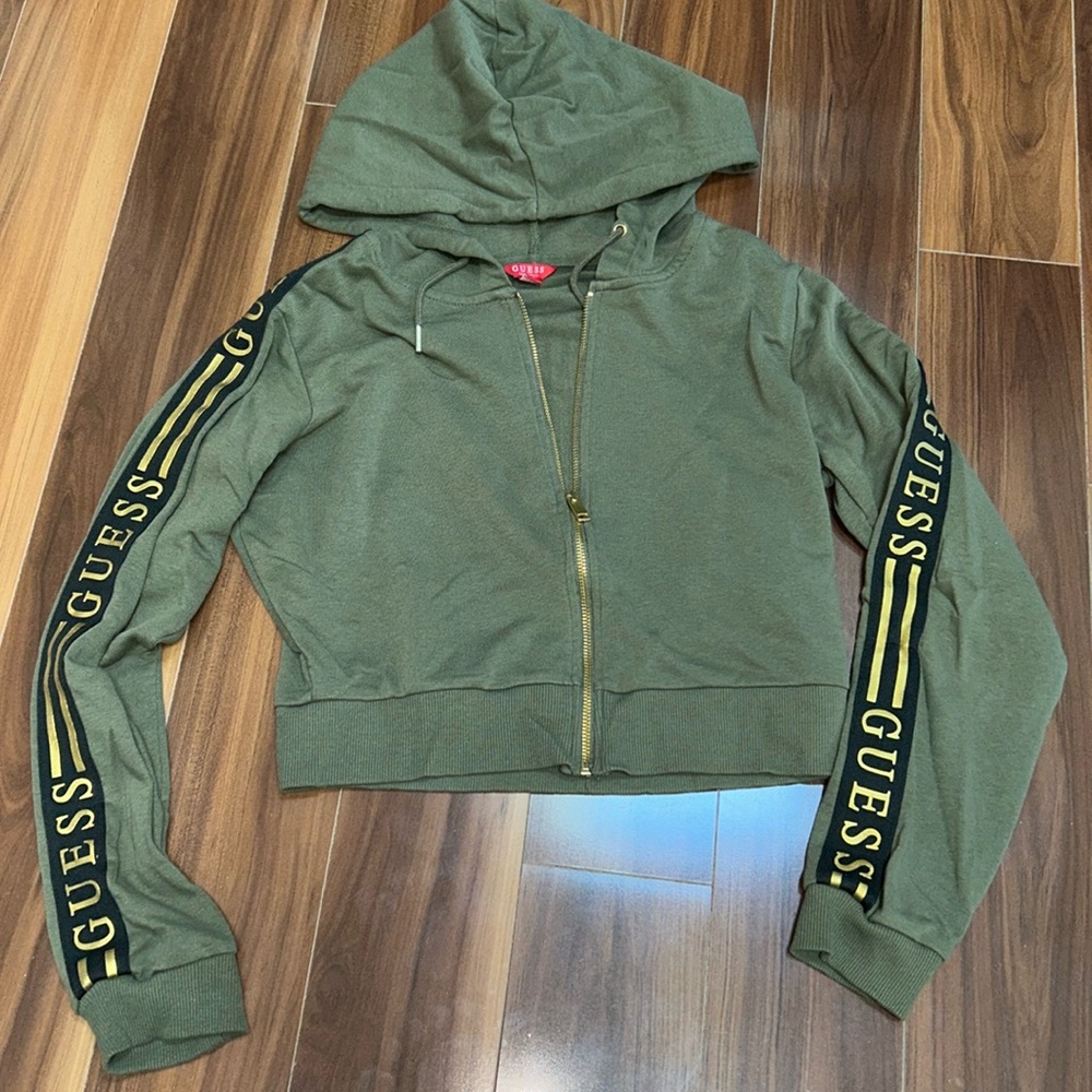 Large guess cropped zip up green logo hoodie